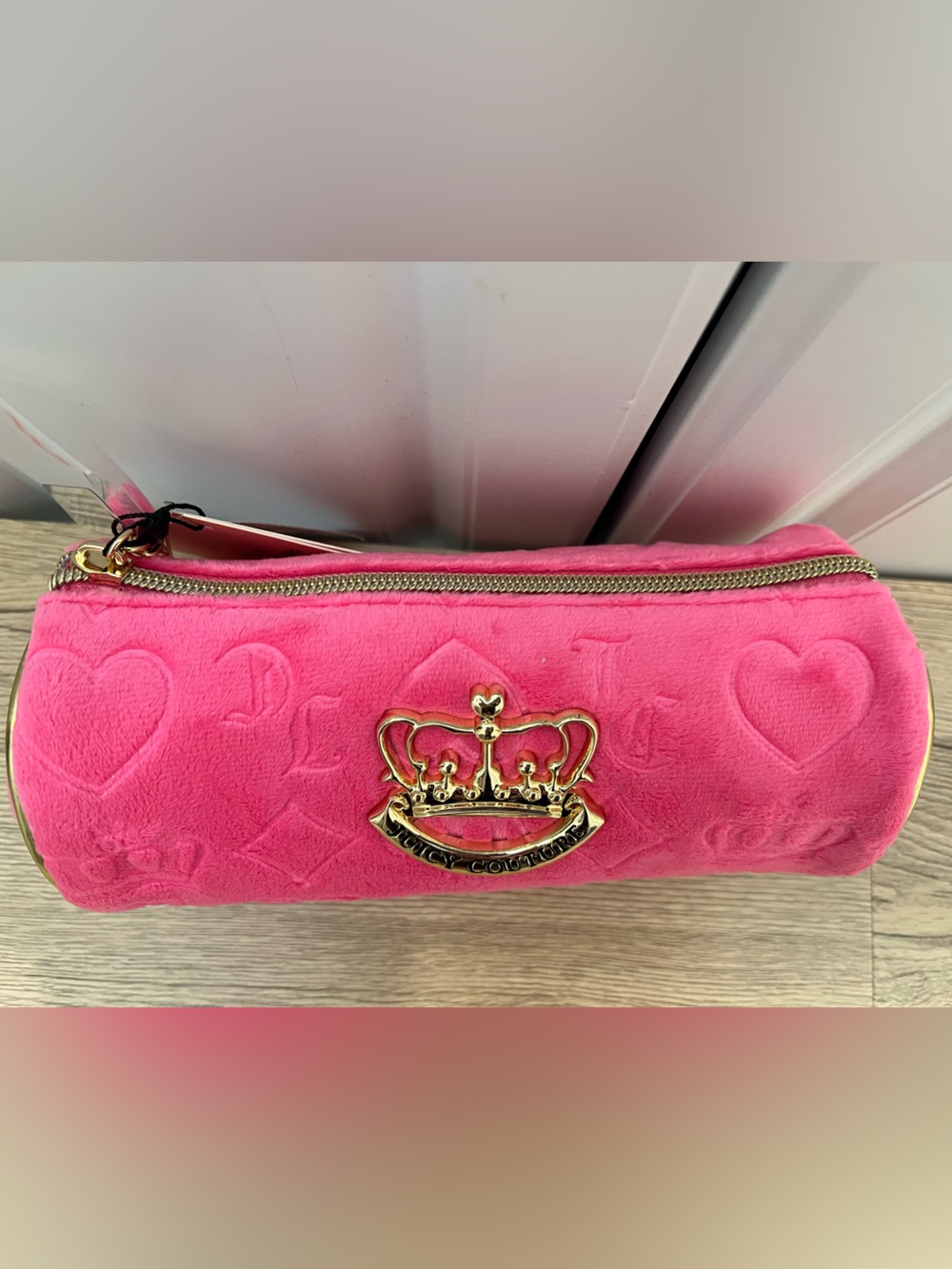 Juicy Couture hot pink velour barrel cosmetic bag